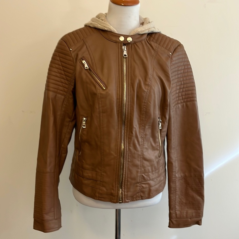 Ci Sono by Cavalini Faux Leather Moto Jacket with Removable Knit Hood Si…